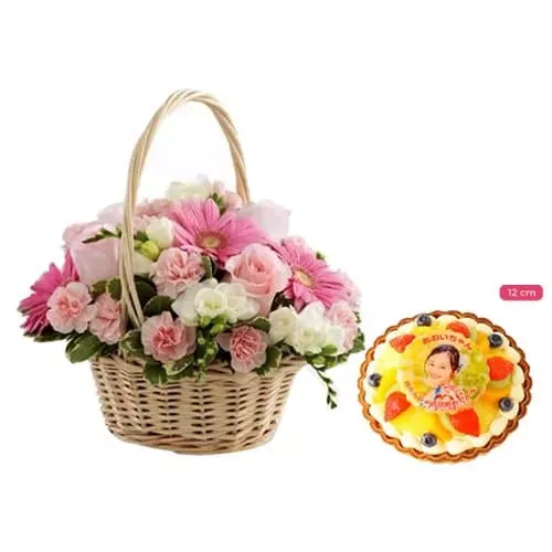 Pink Mixed Flowers Basket With Fruit Tart