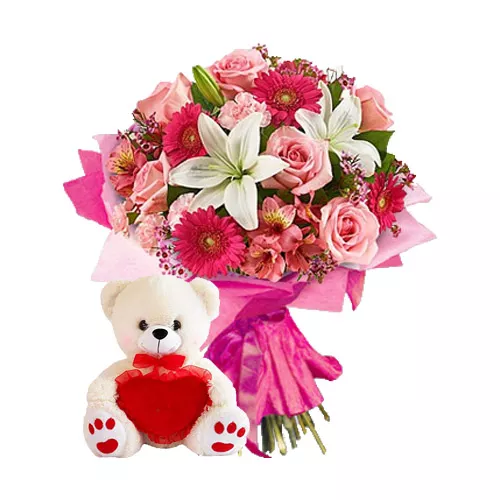 Mixed Flower Bouquet With Teddy